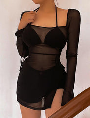 Mesh See-through Slit Hem Black Dress