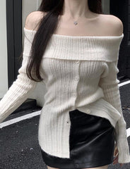 One Shoulder Long White Knit Sweater For