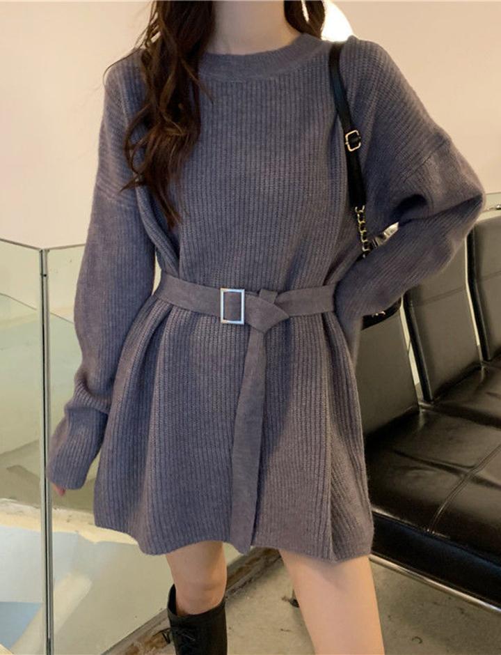 Crew-neck Baggy Belt Knit Dress