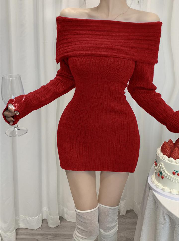 One-shoulder   Slim Long-sleeved Knitted Dress