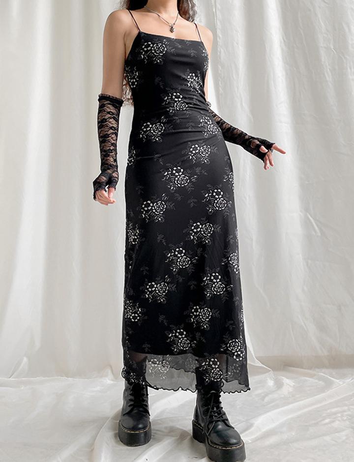 Floral Mesh Wooden Ear Side Neck Slim Suspender Long Dress