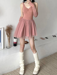 Ballet Mesh Patched Pleated Cami Dress With Long Sleeve Cardigan