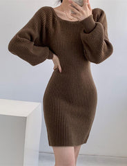 Solid Color Off Shoulder Rib Knit Dress