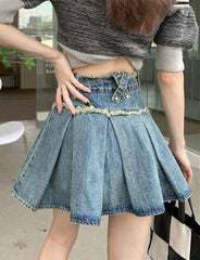 Frayed Trim Pleated Denim Skirt