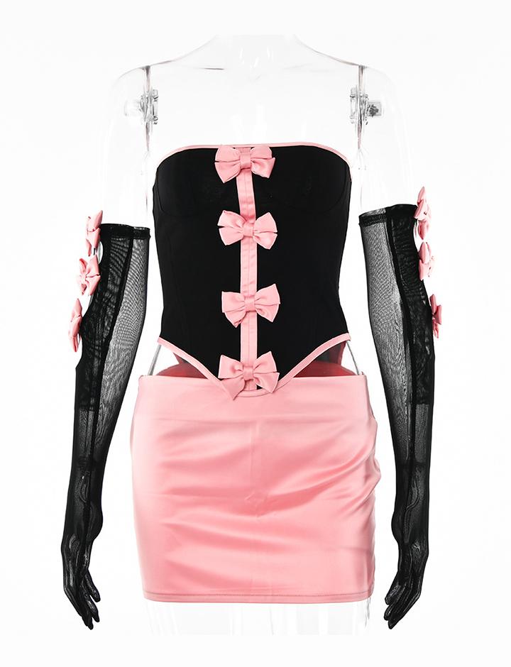 Bow Tie Open Back Design Short Skirt Two-piece Set