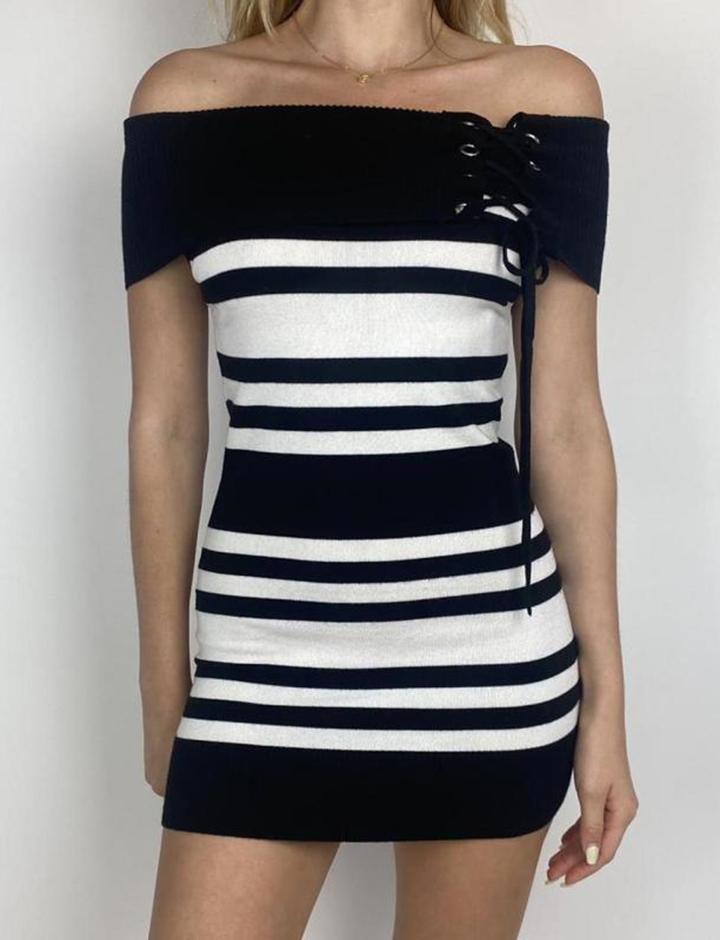 Black and White Striped Off-Shoulder Slim Tie Dress