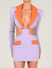 Colorblock Lapel Open Back Waist Cutout Dress