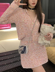 Elegant Pink V-Neck Jacket And Skirt Set