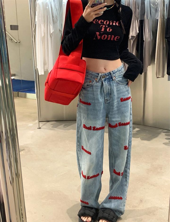 Jeans Red English Embroidery Straight High Waist