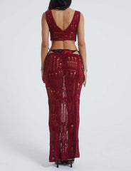 Hollow Out Crochet Camisole and Maxi Skirt Co ord Set