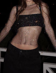Hollow Out Mesh Rhinestone Cover Up   Tops