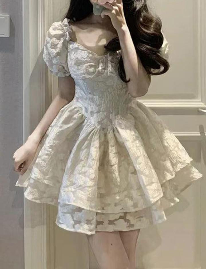 Sweet and Spicy Square Neck Puff Sleeve Princess Windy Dress