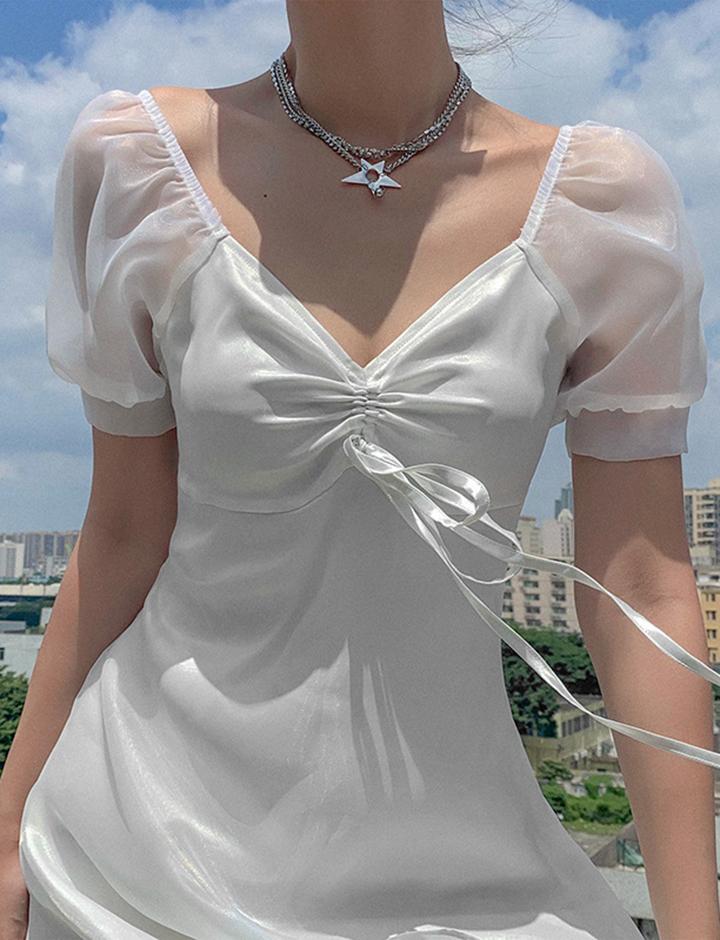 Drawstring Puff Sleeve Chiffon Wedding Guest White Dress