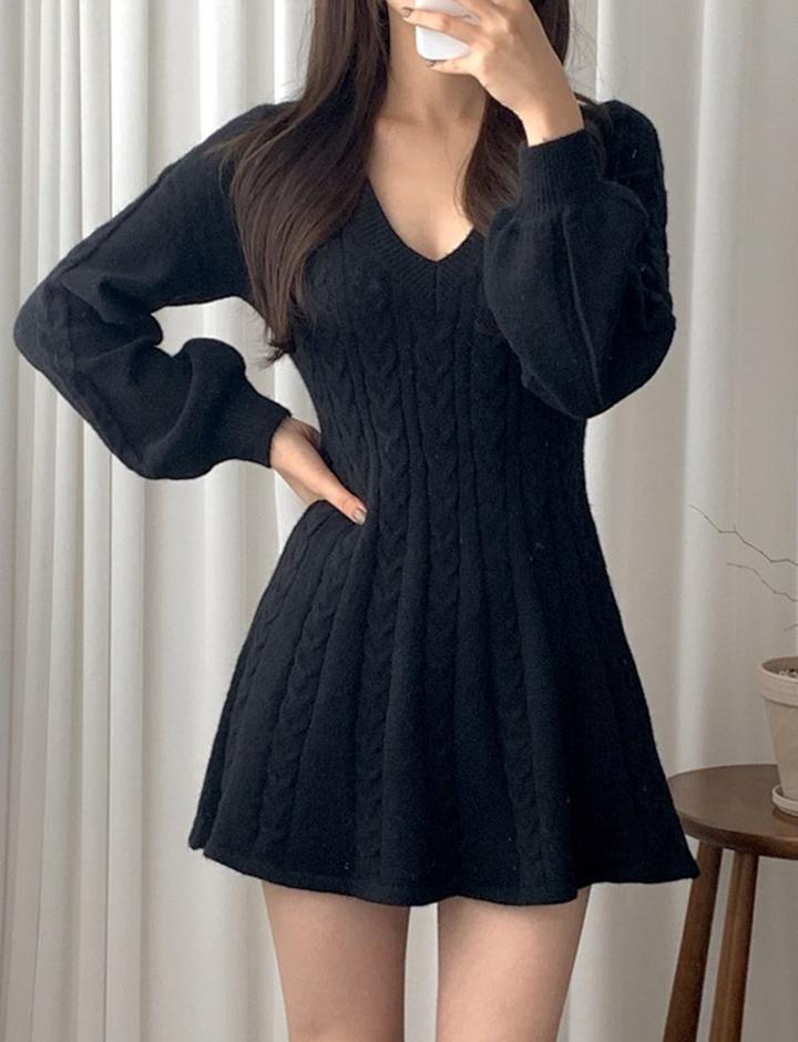 Balloon Sleeves V-Neck Braid-Knit Mini Dress