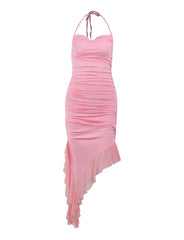 Poop Collar Solid Vacation Halter Neck Slim Ruffle Pink Dress