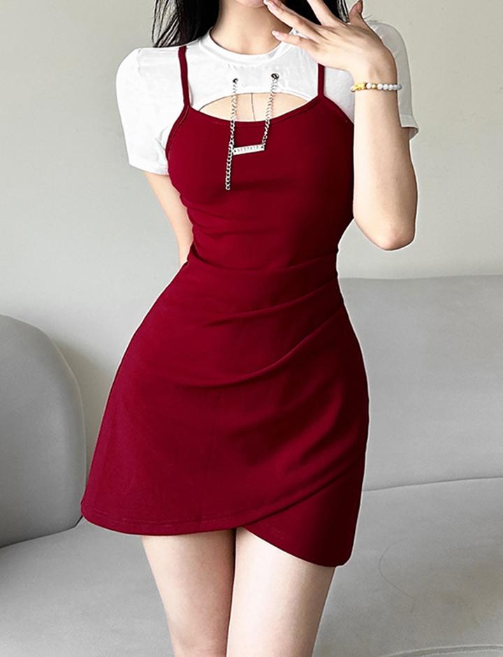 Fake Two Piece Contrast Color Chain Decor Mini Dress