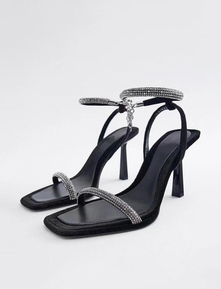 Rhinestone Strap Square Toe Sandals