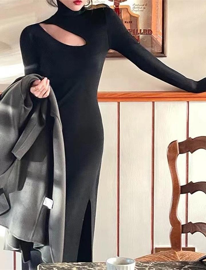 Cutout Half Turtleneck Slim Knit Dress