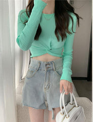 Candy Colors Cross Knot Long Sleeve T-Shirt Knit