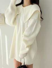 Solid Color Peter Pan Neck Loose Knit White Dress For