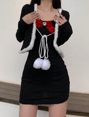 Faux Fur Trim Cardigan With Bowknot Decor Dress Set