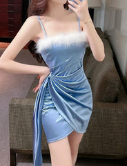 One-shoulder   Satin Fur Mosaic Suspender Dress