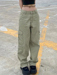 High Waist Slim Retro Pocket Cargo Casual Trousers