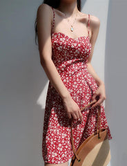 Retro Girl V Neck Red Slim Waist Bandage Floral Suspender Dress