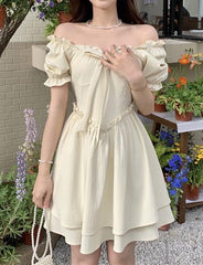 Bowknot Decor Puff Sleeve Short Dress For