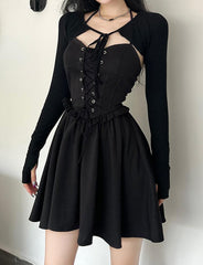 Waist Tie Long Sleeve Lace-Up Two-Piece Halter Black Dress