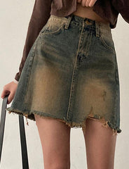 Retro High Waist Loose Irregular Raw Hem Denim Skirt