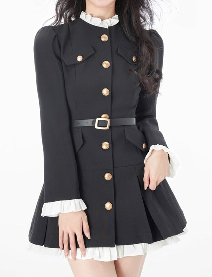 Slim Long Sleeve Stand Collar Gold Button Ladies Dress