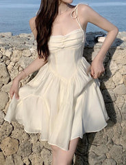 Knot Shoulder A-line Corset Summer White Prom Dresses