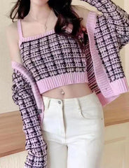 Long-sleeved Cropped Cardigan Vest Plaid Two-Piece Set