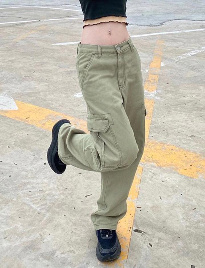 High Waist Slim Retro Pocket Cargo Casual Trousers