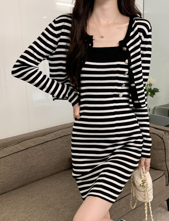 Striped Knit Slip Skirt Single Breasted Knit Cardigan Dress Two-Piece Set