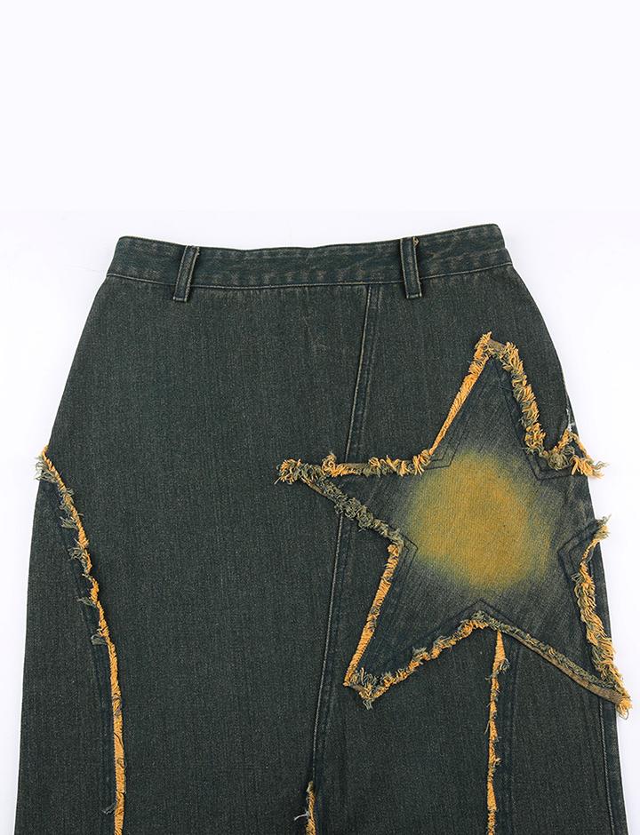 Star Patched Frayed Trim Faded Denim Skirt