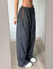 High Waist Drawstring Contrast Zip Pocket Oversized Woven Pants
