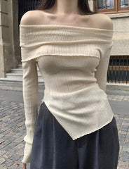 Asymmetrical Rib Knit Long Sleeve One shoulder top