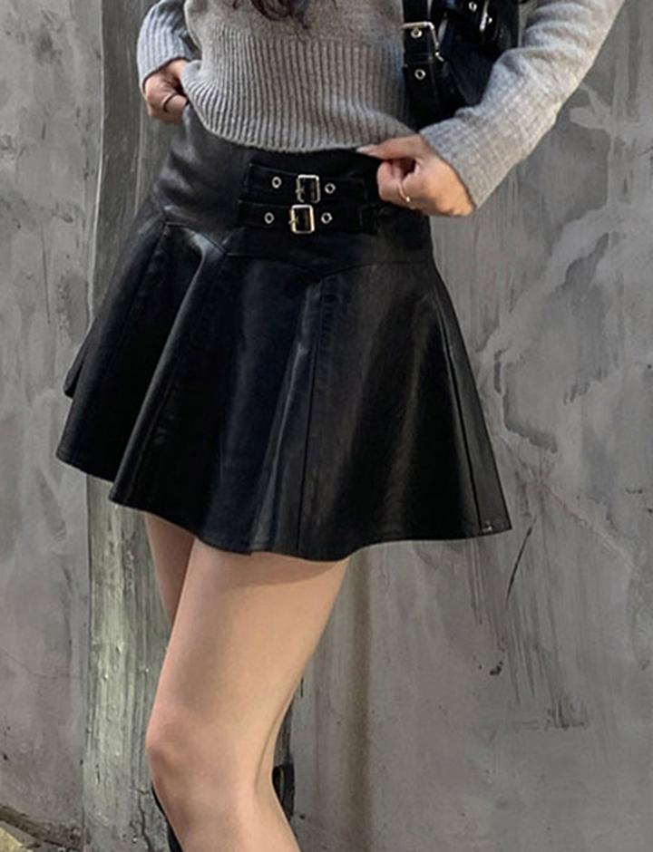 Metal Buckle Leather High Waist  A-line Pleated Skirt