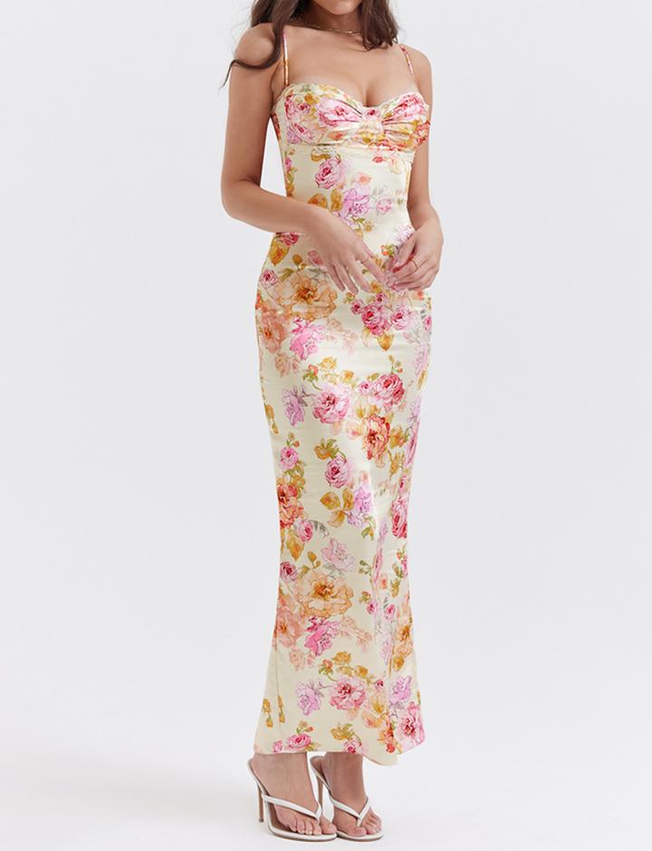 Floral Satin And Lace-trimmed Slit Fitted Slip Maxi Dress