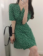 Deep V Neck Summer Green Floral Slip Dress For