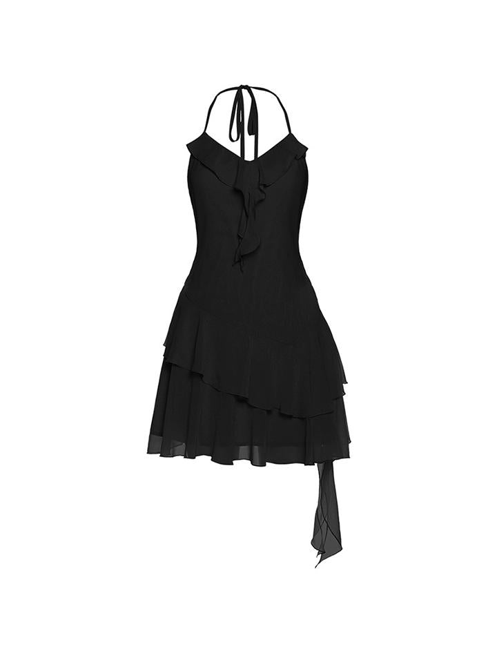 Ruffled Decor Tiered Hem Halter Mini Dress