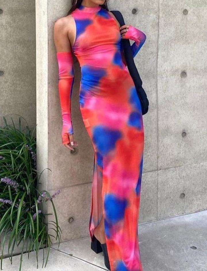 Tie Dye Print Split Thigh Maxi Dress