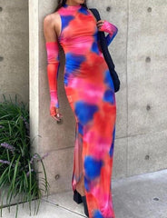 Tie Dye Print Split Thigh Maxi Dress