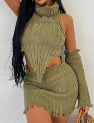 Two-piece Turtleneck Knitted Open-back Sweater