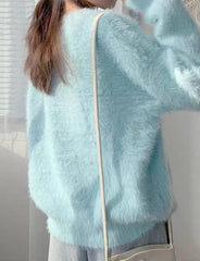 Solid Fuzzy Loose Pullover Long Sleeve Sweater For