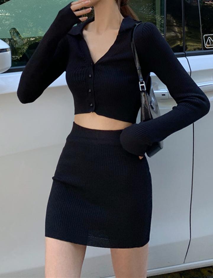 Polo Collar Knitted Long-sleeved Top And Skirt Two-piece Set