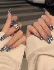 24pcs  Blue Diamond Long Press On Nails