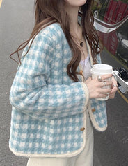 Check Button Knit Plaid Cardigan Gentle   Tops